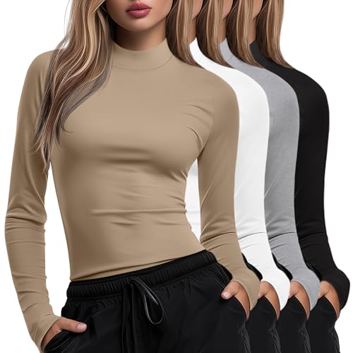 Xaatren 4 Pack Womens Long Sleeve Underscrubs Mock Neck Shirts - color: Black, Light Heather Gray, White, Khaki, size: Medium