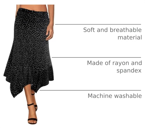 DJT Women's Flowy Handkerchief Hemline Midi Skirt - color: Black Polka Dots, size: Medium