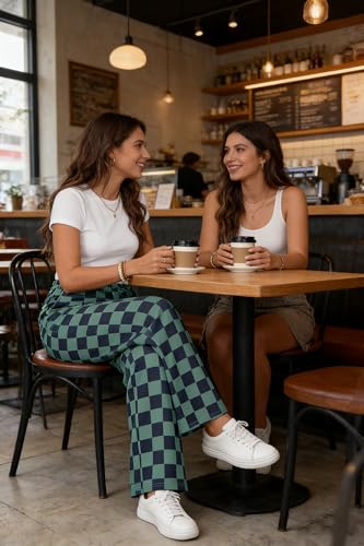 BLENCOT Womens Casual Checkered Pants for Maternity Elastic Waist Wide Leg Pants Grid Pregnant Trousers with Pockets - color: Black Green, size: Small