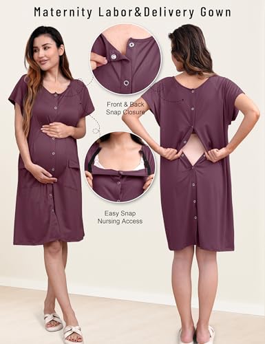 SUNNYBUY 2 PCS Maternity Labor & Delivery Gown with Matching Nursing Dress - color: Burgundy, size: Medium