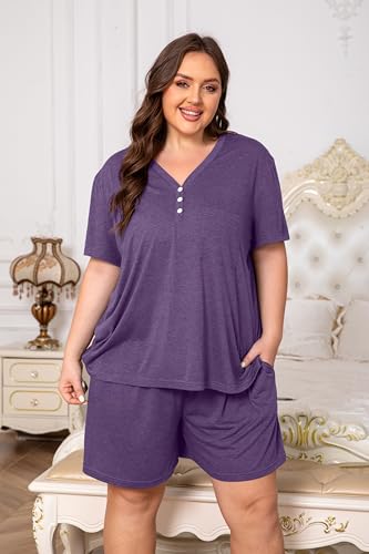 Vozanet Women's Plus Size Solid Pajama Sets Button V Neck Sleepwear Summer Shorts Nighty Soft Loungewear with Pockets - color: Bright Purple, size: 3X-Large