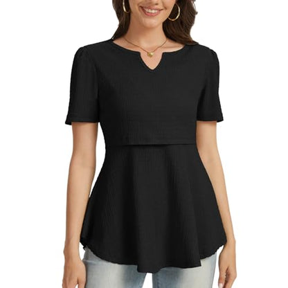 Bearsland Short Sleeve Nursing Top 3pack - color: Black & Dusty Blue & Begonia Red‌‌, size: XX-Large