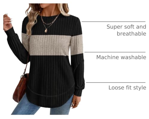 OFEEFAN Womens Sweaters Crew Neck Tunic Tops Long Sleeve Shirts Curved Hem - color: Black Beige, size: 3X-Large