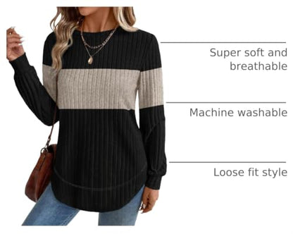 OFEEFAN Womens Sweaters Crew Neck Tunic Tops Long Sleeve Shirts Curved Hem - color: Black Beige, size: 3X-Large
