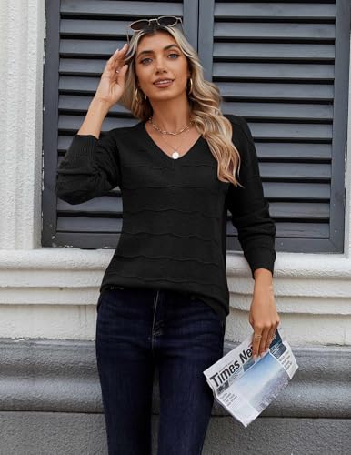 Zeagoo Womens Sweaters Fall Casual Long Sleeve V Neck Shirts Lightweight Crochet Ribbed Knit Pullover Tops Outfits - color: Black, size: Medium