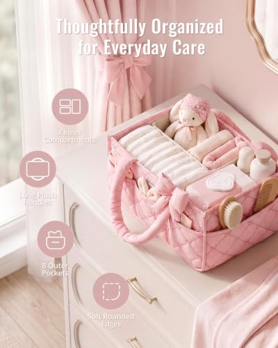 Blissful Diary Baby Diaper Caddy Organizer, Nursery Basket, Bow Light Pink - color: Bow Light Pink