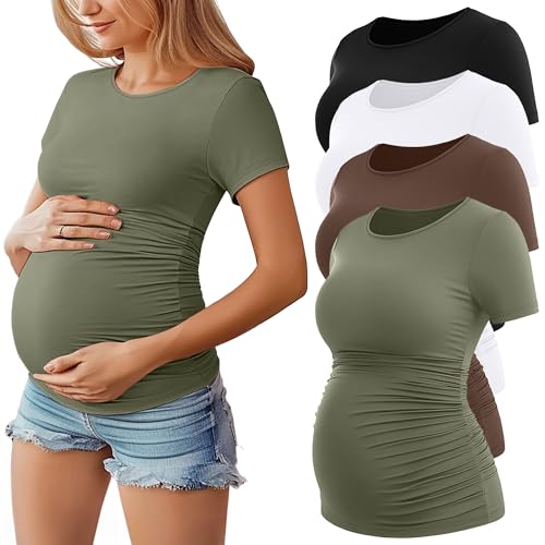 Huukeay 4 Pack Women's Short Sleeve Maternity Tops - color: Black, White, Coffee, Army Green, size: Small