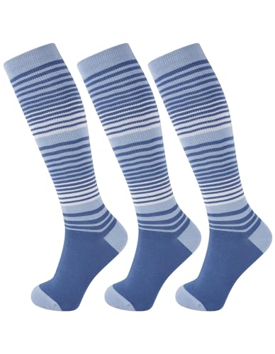 +MD 3 Pairs Bamboo Viscose Compression Socks for Women Men 15-20mmHg Knee High Support Stockings for Pregnancy Nurse Travel - color: Blue Striped, size: Medium