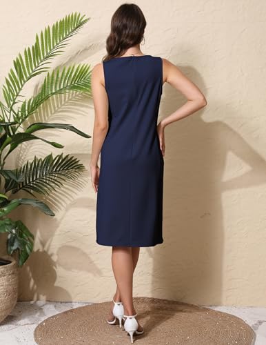 Women Business Sheath Midi Dress - color: Navy Blue, size: Medium
