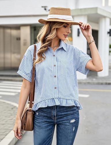 Flygo Womens Cropped Striped Button Down Shirts Ruffle Peplum Tops - color: Blue, size: X-Large