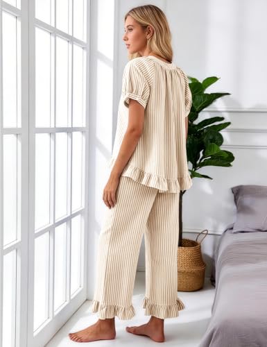 Flygo Womens Striped Pajama Sets Cotton 2 Piece Ruffle Lounge Pjs - color: Khaki, size: Large