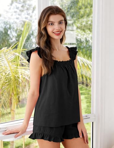 COZYPOIN Women's 2‑Piece Cotton Ruffle Bridal Pajama Set - color: Black, size: Medium