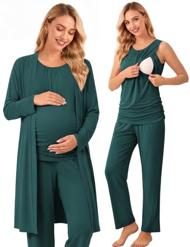 Women 3PCS Maternity Robe Sets Nursing Pajamas Postpartum Breastfeeding Pjs - color: Lake Green, size: Medium