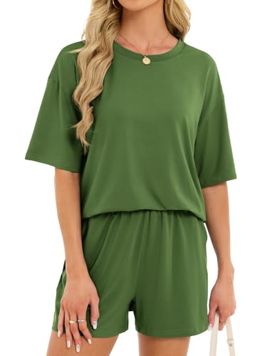 Women's 2 Piece Short Sets Loose Lounge Sets Summer Matching Sets - color: Green, size: X-Large
