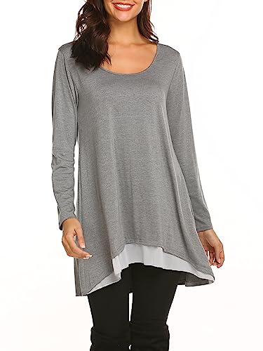 Poetsky Women's Long Sleeve Tunic Tops Layered Chiffon Hem Blouses Shirts - color: A-grey, size: Medium