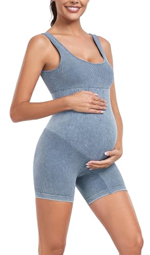 EastElegant Maternity Seamless Yoga Jumpsuits Women's One Piece Workout Bodysuits Ribbed Square Neck Romper - color: Denim Blue, size: Large