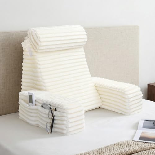 ENITYA 19" Large Back Pillow for Bed Sitting Up with Armrests & Big Pockets - color: Ivory, size: L(Under 5'3")
