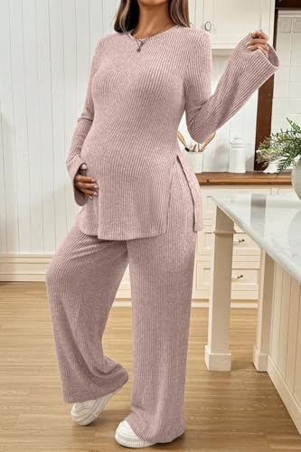 BLENCOT Maternity 2 Piece Outfits Ribbed Knit Long Sleeve Sets - color: Pink, size: Medium