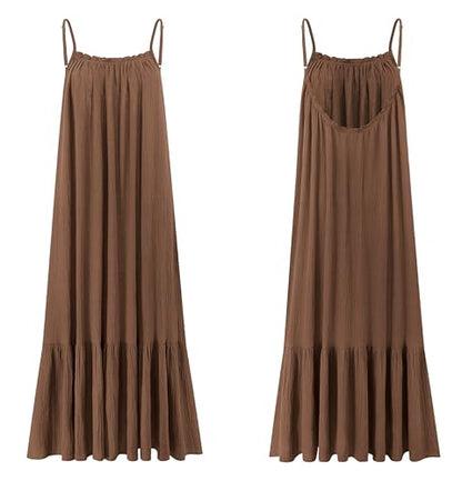 R.Vivimos Women's Summer Cotton Backless Casual Maxi Dress - color: Brown, size: Medium