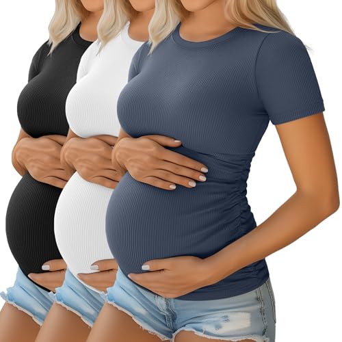 Ficerd 3 Pack Women's Short Sleeve Maternity Shirts - color: Black, White, Haze Blue, size: Large
