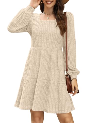 Sampeel Womens Square Neck Long Sleeve Fall Dresses Casual Babydoll Sweater Dress - color: Apricot, size: Medium