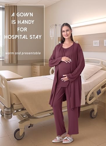 Rnxrbb 3 PCS Nursing Pajamas Robe Set Maternity Postpartum Pjs for Hospital - color: Deep Purple, size: Medium