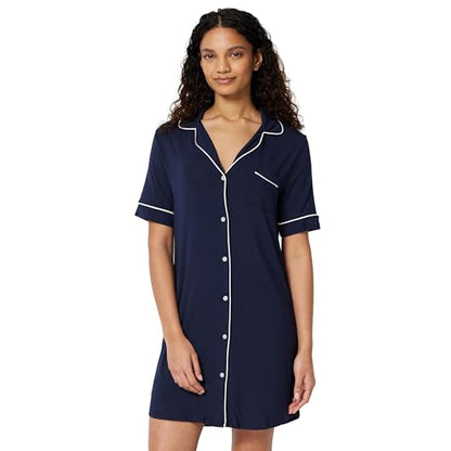 Amazon Essentials Women's Modal-Blend Nightgown, Short Sleeve Button-Down - color: Navy, size: Small