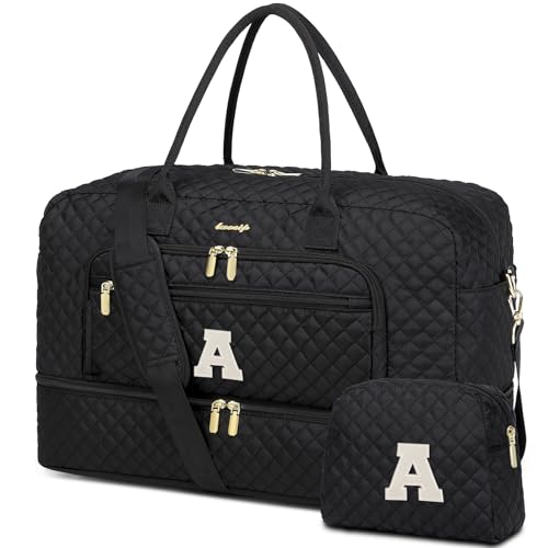 Initial Travel Duffle Bag for Women - Black Personalized Weekender Bags Overnight Bag with Shoe Compartment & Wet Pocket Weekend Tote Bags with Toiletry Bag Monogram Gifts (Letter A) - color: Black Letter A