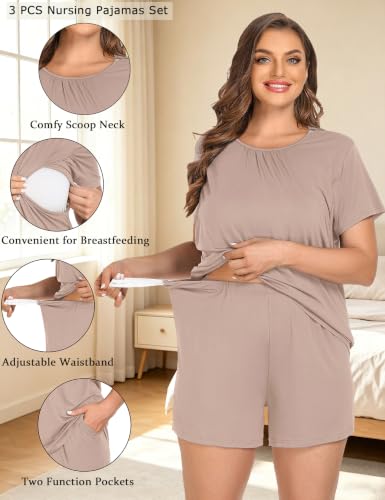 SWOMOG Women 3Pcs Maternity Pajama Set Nursing Pjs Pregnancy Set Breastfeeding Pjs Double Layer with Pockets - color: Ecru, size: Small
