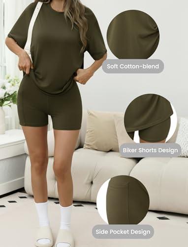 Womens Loungewear Oversized T-shirts and Biker Shorts - color: Army Green, size: Small