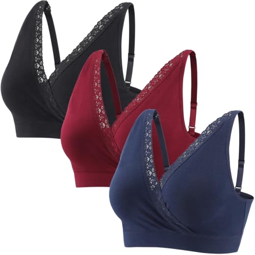 Wireless Cotton Nursing Bra for Sleep& Maternity, Pregnancy Breastfeeding Top, Adjustable Straps, Full Coverage - color: Black+navy Blue+red Wine/3pack, size: X-Large