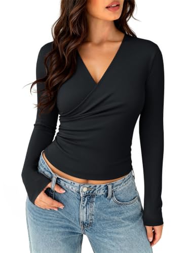 PINKMSTYLE Womens Long Sleeve Wrap V Neck Tops Ruched Dressy Shirts Blouse - color: Black, size: Medium
