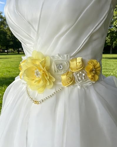 Handmade Baby Shower Sash Pearls Maternity Sash Flower Belt - color: Yellow