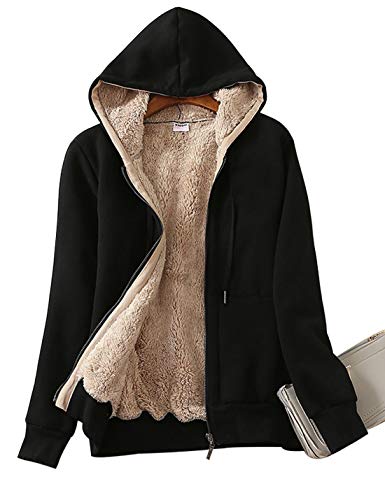 Women’s Casual Full Zip Up Sherpa Lined Hoodie Sweatshirt Jacket Coat - color: Black, size: Large