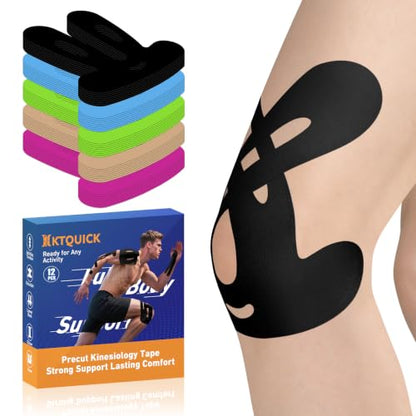 KTQUICK Precut Kinesiology Tape for Knees, 12 Ct,20% Stronger Adhesive,Black