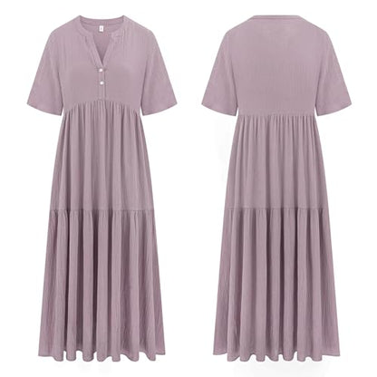 R.Vivimos Womens Summer Cotton Casual Flowy Maxi Dress - color: Dusty Purple, size: Medium