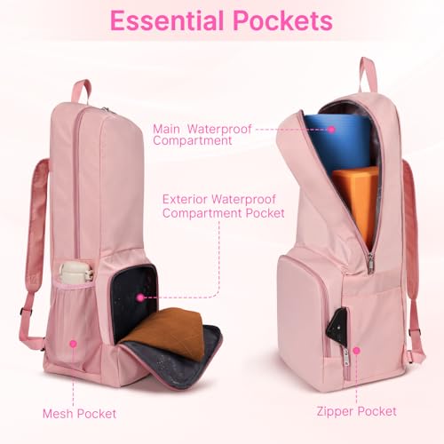 Yoga Mat Bag Carrier Backpack with Multi Pockets - color: Pink
