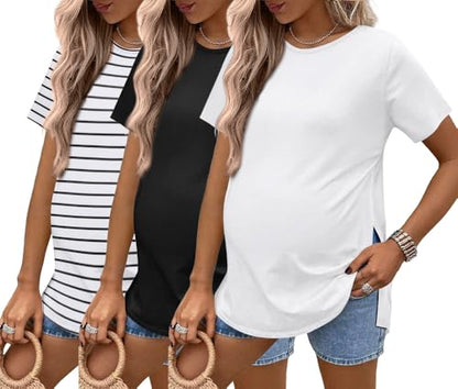 Ekouaer 3 Pack Maternity Shirts Short Sleeve Pregnancy Tops Summer Clothes - color: Black/White/Stripe, size: XX-Large
