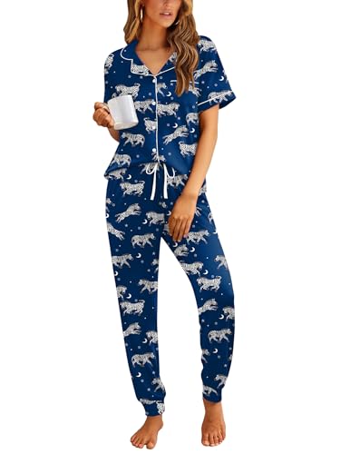 Ekouaer Women Pajama Set Short Sleeve Button Down Pjs with Jogger Pants - color: Blue Zebra, size: X-Large
