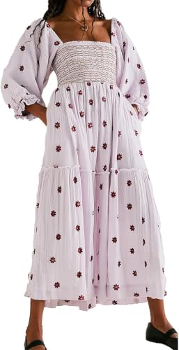 R.Vivimos Women's Cotton Floral Embroidered Boho Midi Dress with Pockets - color: Light Pink, size: Large