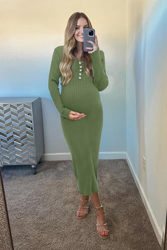 OUGES Women's Wool Maternity Sweater Dress Button Fall Baby Shower Dress - color: Army Green, size: Small