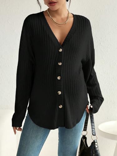 COZYEASE Women's Maternity Button Down Shirt Casual Cardigan Fall Sweaters - color: Dark Black, size: Small