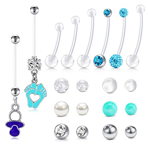 Longita Plastic Pregnancy Belly Button Rings Long Bar Navel Rings for Maternity Sport Pregnant Women Flexible Clear Belly Piercing Retainer Different Length bar and Balls for Replacement 10-32mm - color: Blue - 25mm