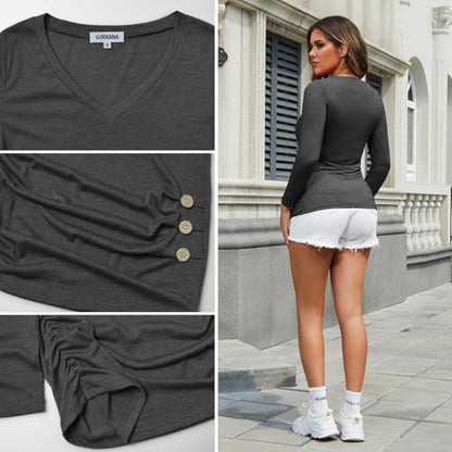 GINKANA Maternity Shirt Long Sleeve Basic Top Ruch Sides Buttons Tshirt for Pregnant - color: Dark Grey, size: Small