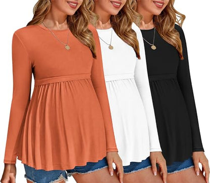 Ekouaer Maternity Shirts 3 Pack Pleated Long Sleeve Tops Pregnancy Clothes - color: Black/White/Caramel, size: Small