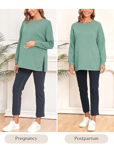 Ecavus Women's Maternity Shirts Long Sleeve Side Split Pregnancy Top - color: Green, size: Large