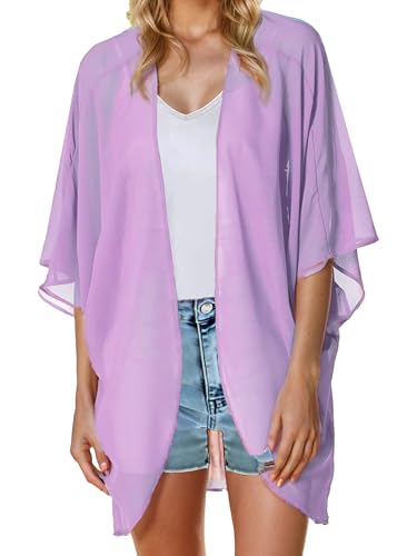 Moss Rose Women's Beach Kimono Coverup Sheer Chiffon Open Front Cover Ups - color: Pale Violet
