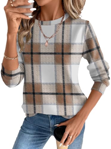 OFEEFAN Womens Sweaters Crew Neck Tunic Tops Long Sleeve Shirts Curved Hem - color: C-brown Plaid, size: Medium