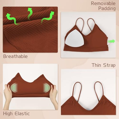 KCDDUMK 4 Pack Cami Bralettes for Women, Spaghetti Strap Sleep Bras - color: Black, Caramel, Green, Nude, size: Large