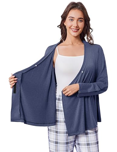 Deyeek Women's Post Shoulder Surgery Shirts Long Sleeve V-Neck Wrap Chemo Blouse Easy Access Adaptive Snap On Dialysis Shirts - color: Navy Blue, size: Large